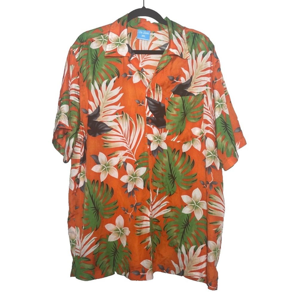 On Shore Button Up Shirt Men's Size XXL Orange Hawaiian Tropical Short‎ Sleeve